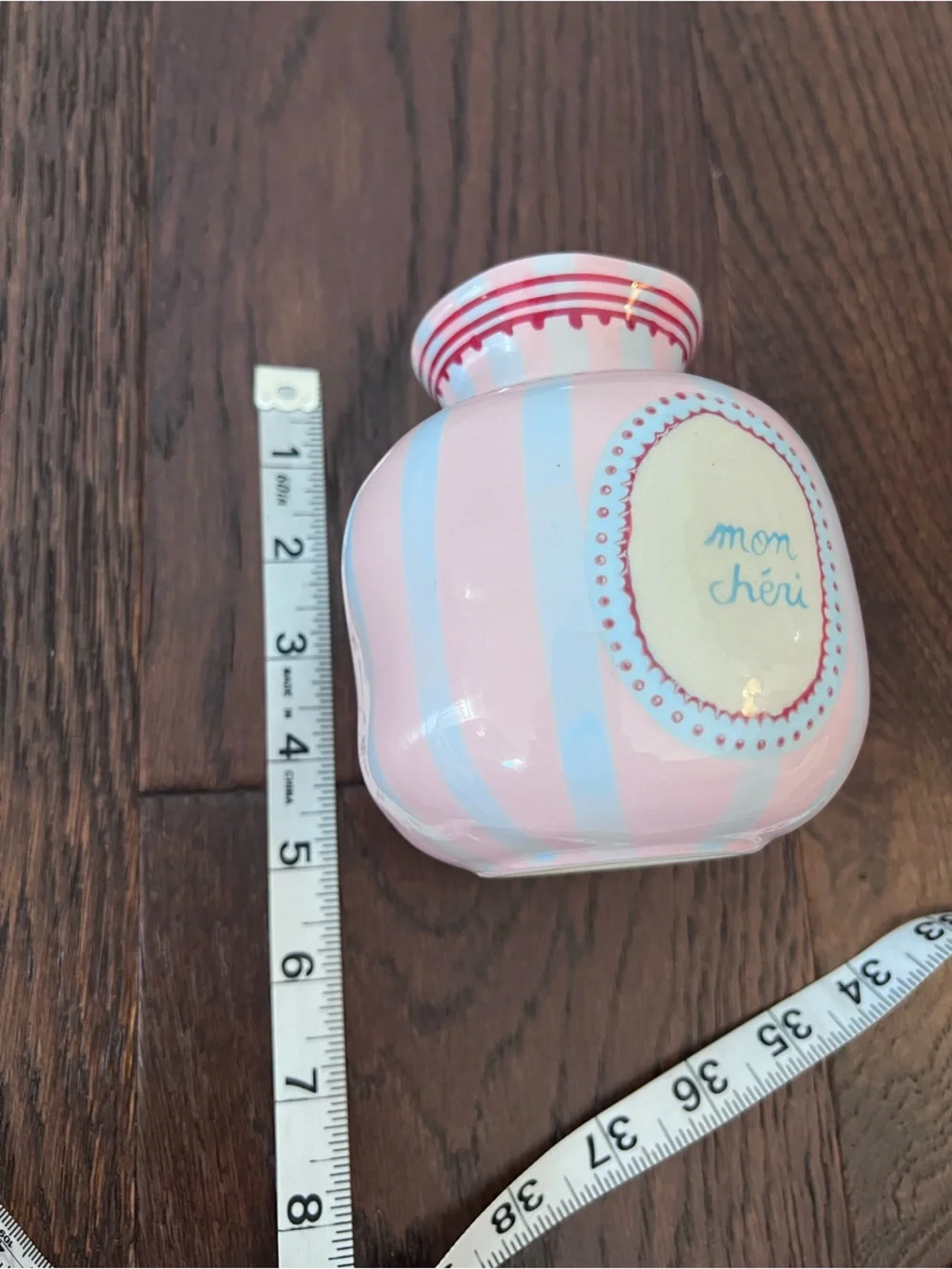 Anthropologie Laetitia Rouget Love Vase Pink Stripe Mon Cheri EUC